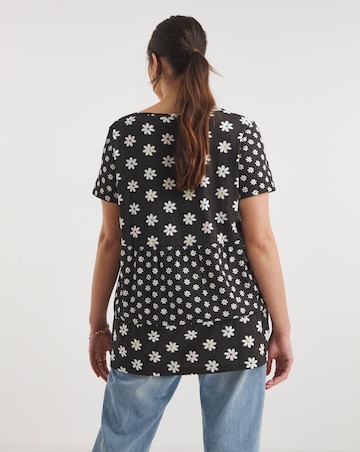 Daisy Print Square Neck Slub Tiered Top
