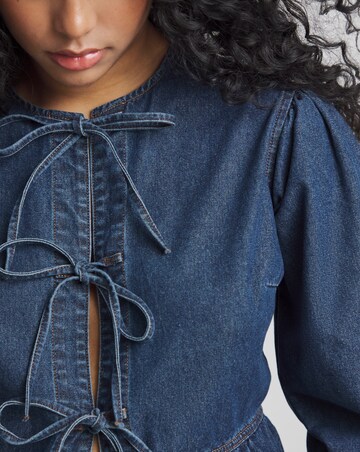 Dark Blue Tie Front Denim Peplum Blouse