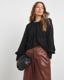 Womens Dobby Long Sleeve Blouse - Black