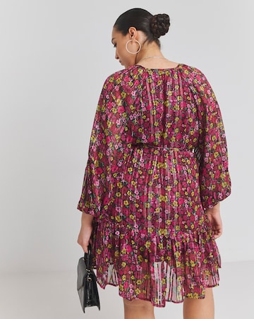 Floral Print Metallic Thread Detail Swing Dress