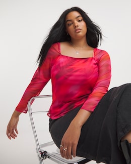 Multi Printed Mesh Square Neck Top