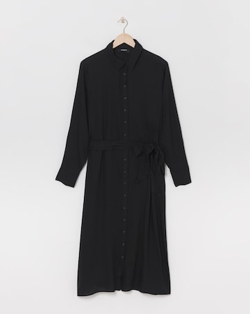 Black Tie Waist Long Sleeve Midi Shirt Dress