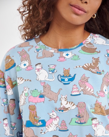 Chelsea Peers Jersey Cats Tea Party Print Crew Pyjama Set