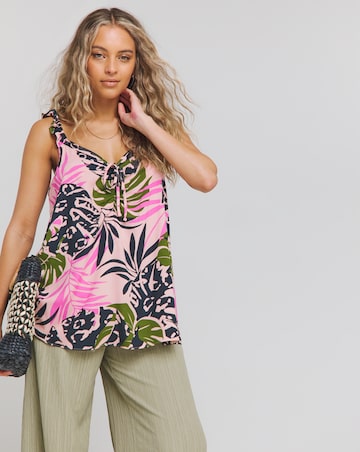 Simply Be Palm Print Ruched Tie Detail Frill Strap Viscose Cami