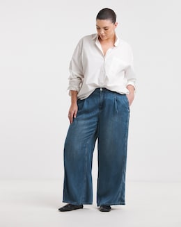 Simply Be Mid Blue Draped Lyocell Denim Wide Leg Jeans