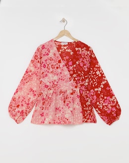 Mixed Print V Neck Long Sleeve Wrap Peplum Blouse