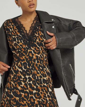 Leopard Print Waffle Lace Trim Skater Dress