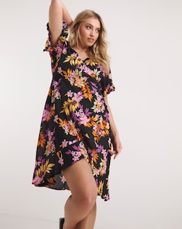 Tropical Print Crinkle Wrap Skater Dress With EcoVero &trade; Viscose
