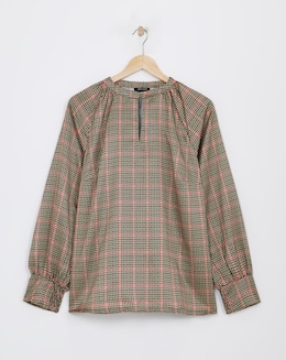 Check Print Satin Top With Keyhole