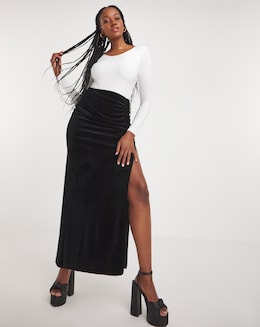Black Side Split Velour Maxi Skirt