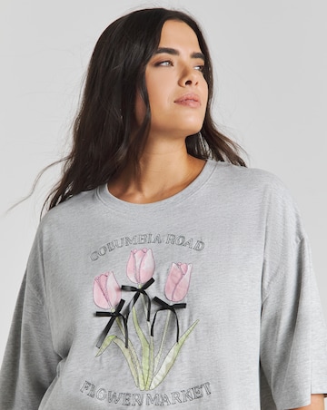Simply Be Grey Marl Flower Market Graphic T-Shirt with 3D Bows