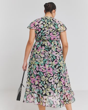 Floral Print Ruffle Front Wrap Midi Dress