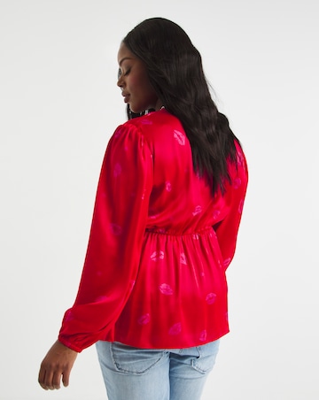 Pink Print Long Sleeve Satin Peplum Blouse