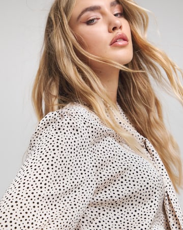 Flounce London Off White Black Spot Satin Tie Neck Blouse
