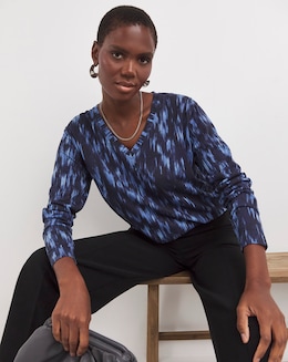 Blue Print V-Neck Longline Split Hem Slouch T-Shirt