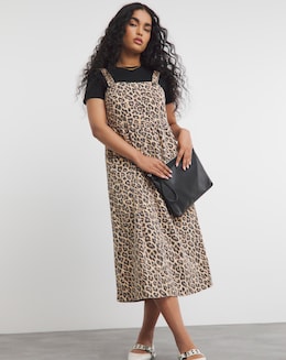 Leopard Print Midaxi Denim Pinafore Dress