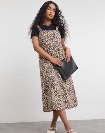 Leopard Print Midaxi Denim Pinafore Dress
