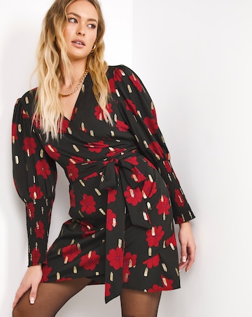 Black Floral Shirred Cuff Wrap Dress With Gold Foil