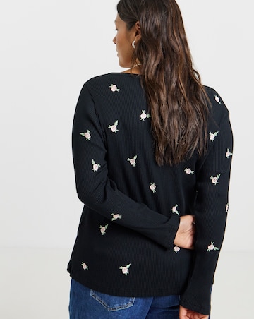 Black Floral Embroidered Henley Top