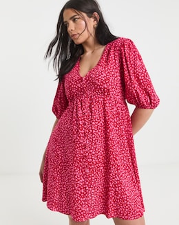 Simply Be Red and Pink Print Viscose Button Through Skater Dress