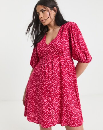 Simply Be Red and Pink Print Viscose Button Through Skater Dress