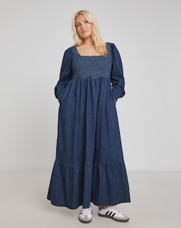 Simply Be Dark Blue Denim Shirred Maxi Smock Dress