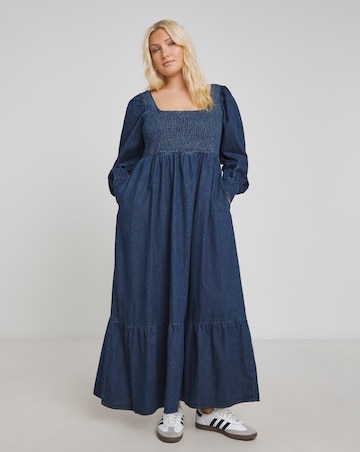 Simply Be Dark Blue Denim Shirred Maxi Smock Dress