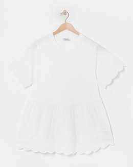 Simply Be White Broderie Detail Jersey Mix Smock Blouse