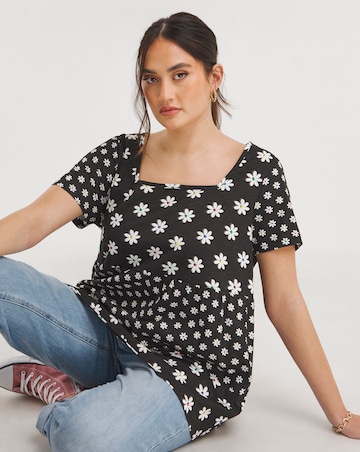 Daisy Print Square Neck Slub Tiered Top