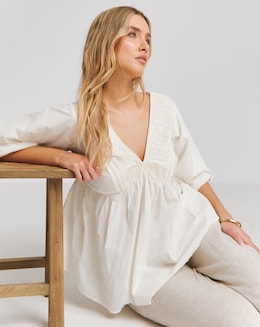 Simply Be Ivory Embroidered Cornelli V Neck Smock Top