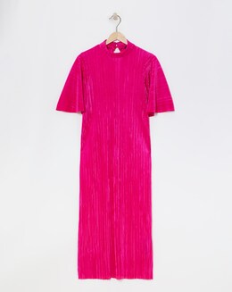 Simply Be Pink Plisse Midi Dress With Angel Sleeves