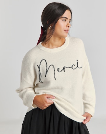 Simply Be Cream Merci Slogan Embroidered Knitted Jumper