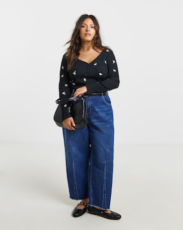 Black Floral Embroidered Henley Top