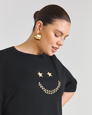 Black Embroidered Smiley Star T-Shirt