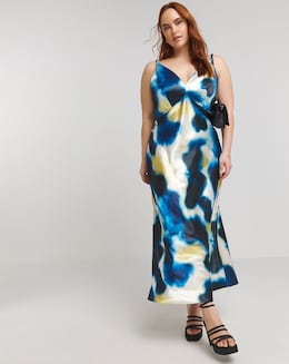 Blue Blurred Print Satin Cami Maxi Dress