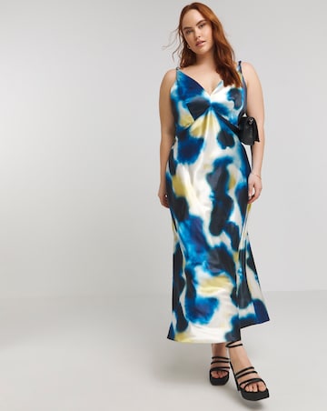 Blue Blurred Print Satin Cami Maxi Dress