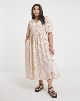 Simply Be Spot Print Button Through Midi Dress With Pockets