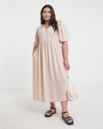 Simply Be Spot Print Button Through Midi Dress With Pockets