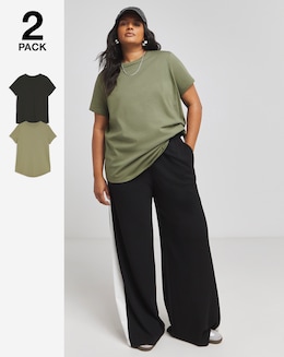 Simply Be Khaki &amp; Black 2 Pack Curved Hem Longline T-Shirt