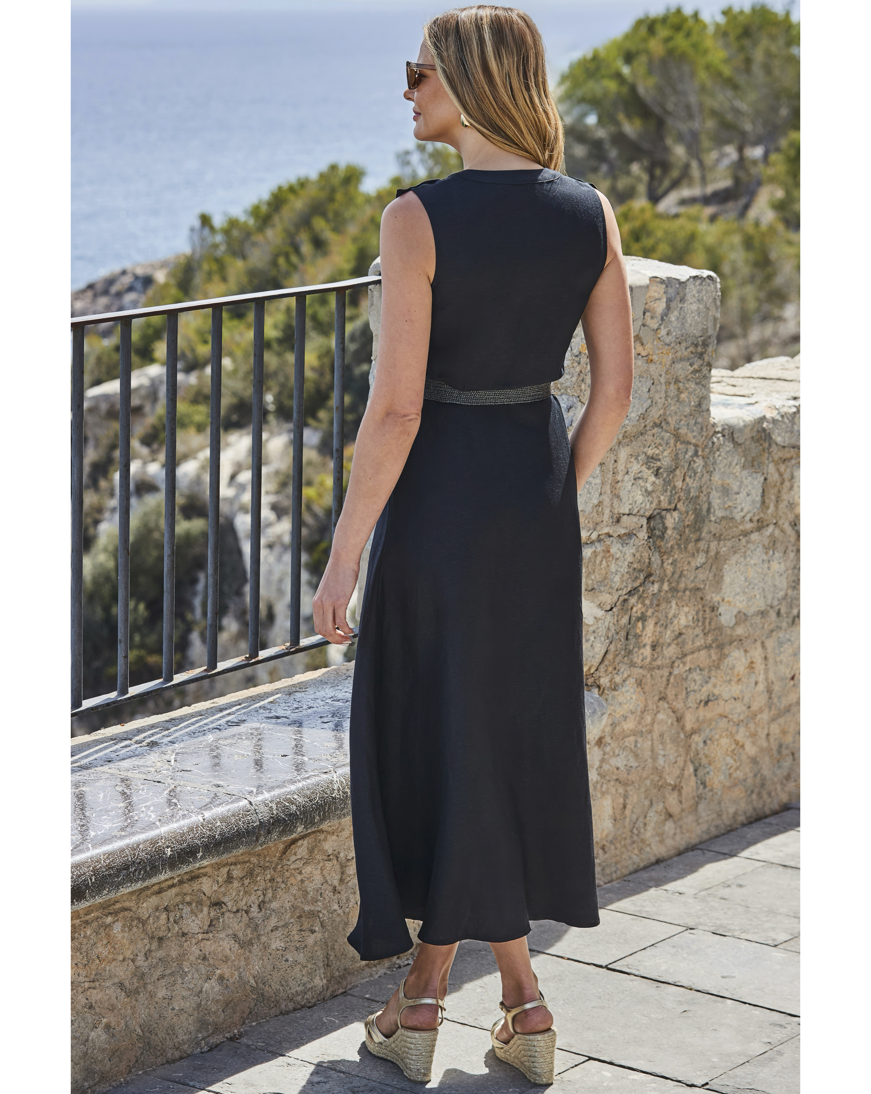 Sosandar Linen Blend Ruffle Detail Button Front Dress