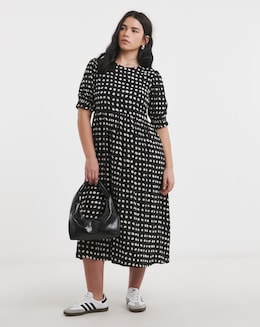 Simply Be Mono Spot Print Spun Viscose Midi Dress With Pockets