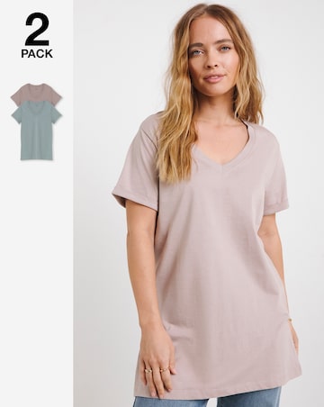 Simply Be Sage & Mocha 2 Pack Longline Pure Cotton V Neck T-Shirts