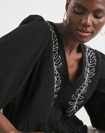 Embroidered Pure Cotton Textured Short Sleeve Smock Top