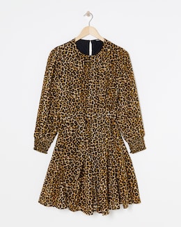 Leopard Print Georgette Belted Skater Dress