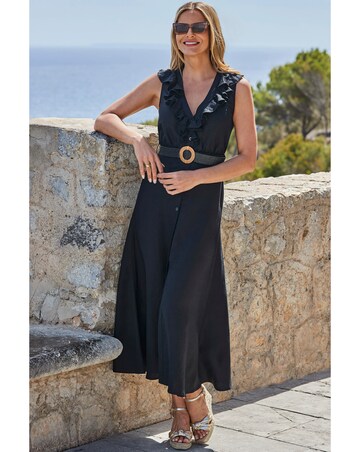 Sosandar Linen Blend Ruffle Detail Button Front Dress