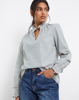 Blue Stripe Pleat Three Quarter Sleeve Blouse
