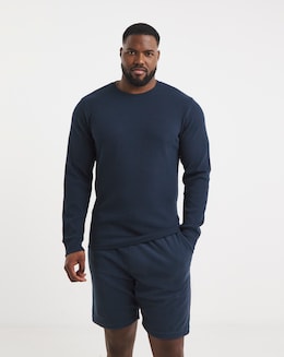 Waffle Top With Fleece Short Lounge Set- Navy