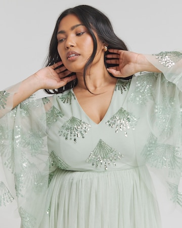 Maya Curve Cape Sleeve Embellished Midi Dress