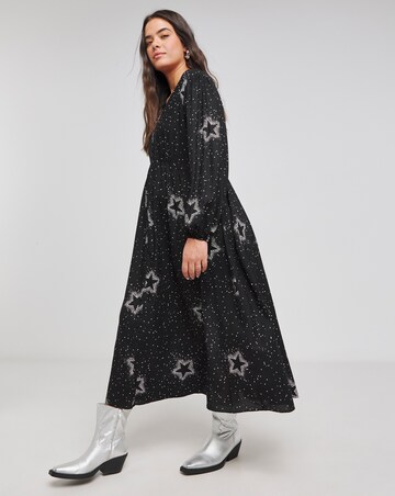 Black Star Print Button Through Midi Dress