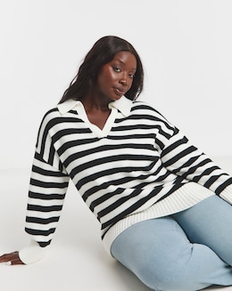 Simply Be Mono Stripe Collar Detail Jumper